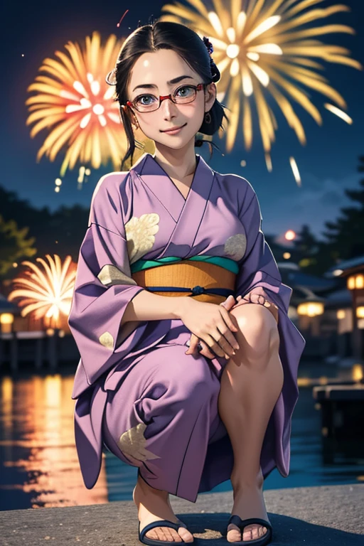 (masterpiece, highest quality), One Girl, Satou, Satou, Glasses, 赤いフレームのGlasses, Yukata, Satou, Glasses, 赤いフレームのGlasses, kimono,head to feet,Fireworks,