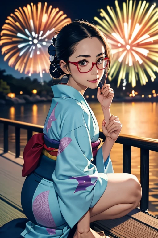 (masterpiece, highest quality), One Girl, Satou, Satou, Glasses, 赤いフレームのGlasses, Yukata, Satou, Glasses, 赤いフレームのGlasses, kimono,head to feet,Fireworks,