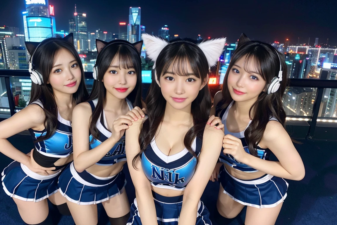 ((最high quality, 8K, masterpiece詳細, 超High resolution)), (Group photo), (Looking at the audience), (Mid Shot:), Attractive girl、Cute Girls、Four Girls Lined Up、Random Face、Young Japanese women、Full body photo、whole、最high quality, Big Tits、Big Boobs、Big Breasts、naked、Show your、masterpiece, 32k、Very detailed、Realistic、Japanese women、Cute face, (photo Actual:1.3), Edge lighting, (Skin with attention to detail:1.2), 8K超High resolution, Single-lens reflex camera, high quality, High resolution, 4K, 8K, Optimal ratio of four fingers to one thumb, (Actual:3), smile、自然なsmile、Baseball Cheerleader Costumes(black、Light blue line design、Japanese professional baseball cheerleaders)、Cat ear headphones(ピンク色のネオンCat ear headphones)、Realistic、Super Realistic、32k、Very detailed、masterpiece, 最high quality, beautiful girl, beauty、 Mecha, Beautiful lighting, Sitting,Cyber Neon、Future City、Skyscraper、City Night、Shanghai、Metropolis、Night view、綺麗なNight view