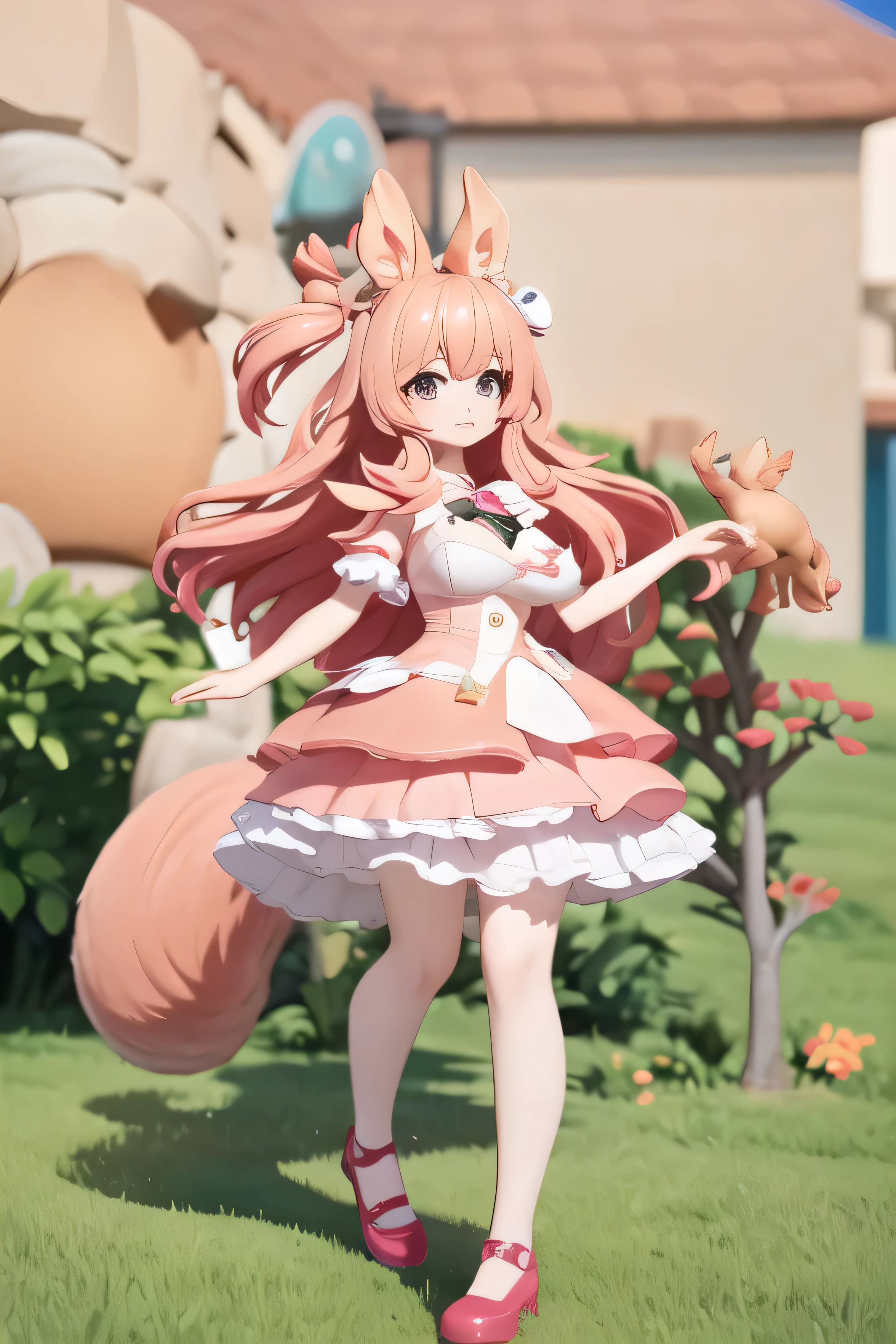 1giel, long hair, pink hair, long hair, animal ears, squirrel, pink dress, short skirt, squirrel tail, shoes, breasts, large breasts, 