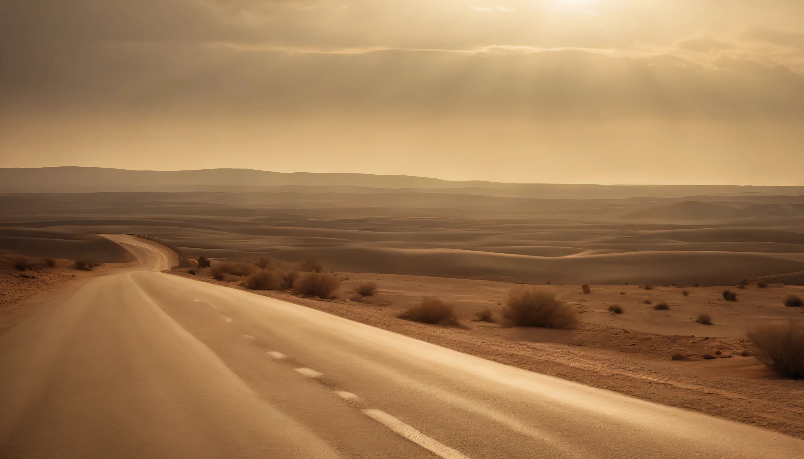 Captura un polvoriento, Desert scene along the road from Jerusalem to Jericho., Faithfully reflecting the landscape of Jesus' time.. Use earthy colors and natural lighting to recreate the atmosphere of that region.. Avoid modern features such as paved roads or contemporary structures..