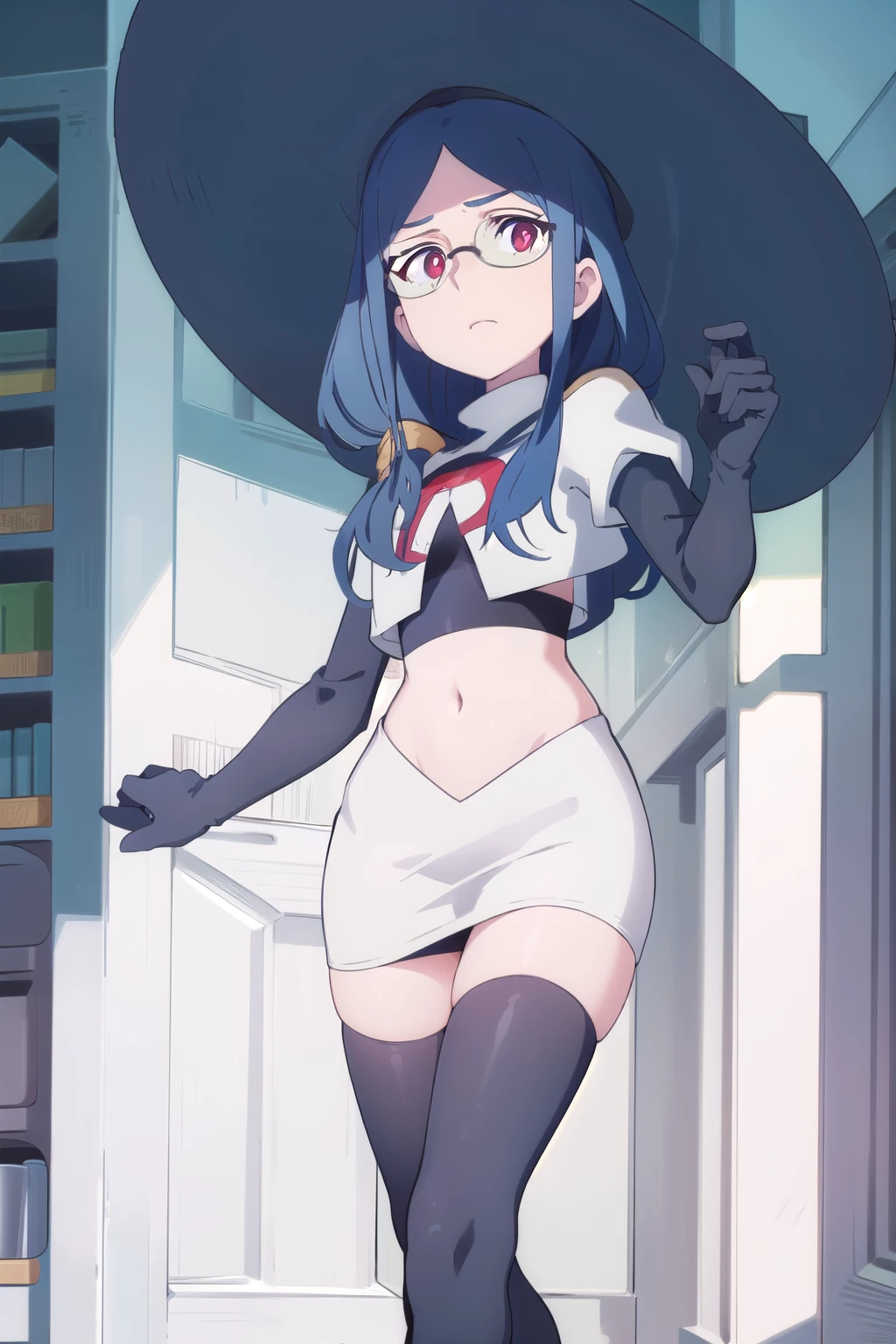 (((pixel-perfect, detail-perfect))), solo, 1girl, ursula callistis, witch, looking at viewer, glasses, team rocket,team rocket uniform,white skirt,red letter R,crop top,black thigh-highs,black elbow gloves, witch hat