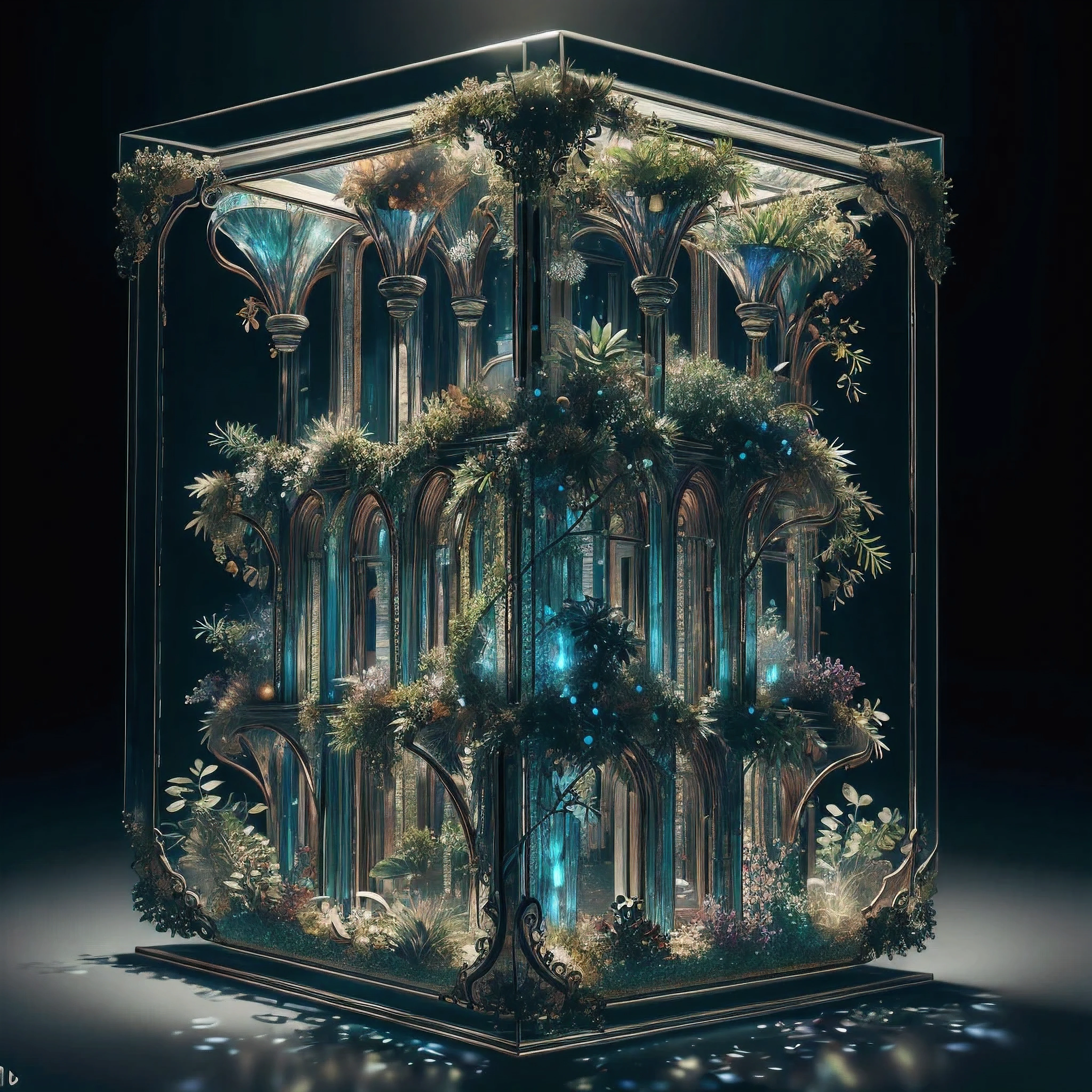 masterpiece of glass sculpture with plants inside, high quality, high detail, best quality, rtx, 4k, 8k,