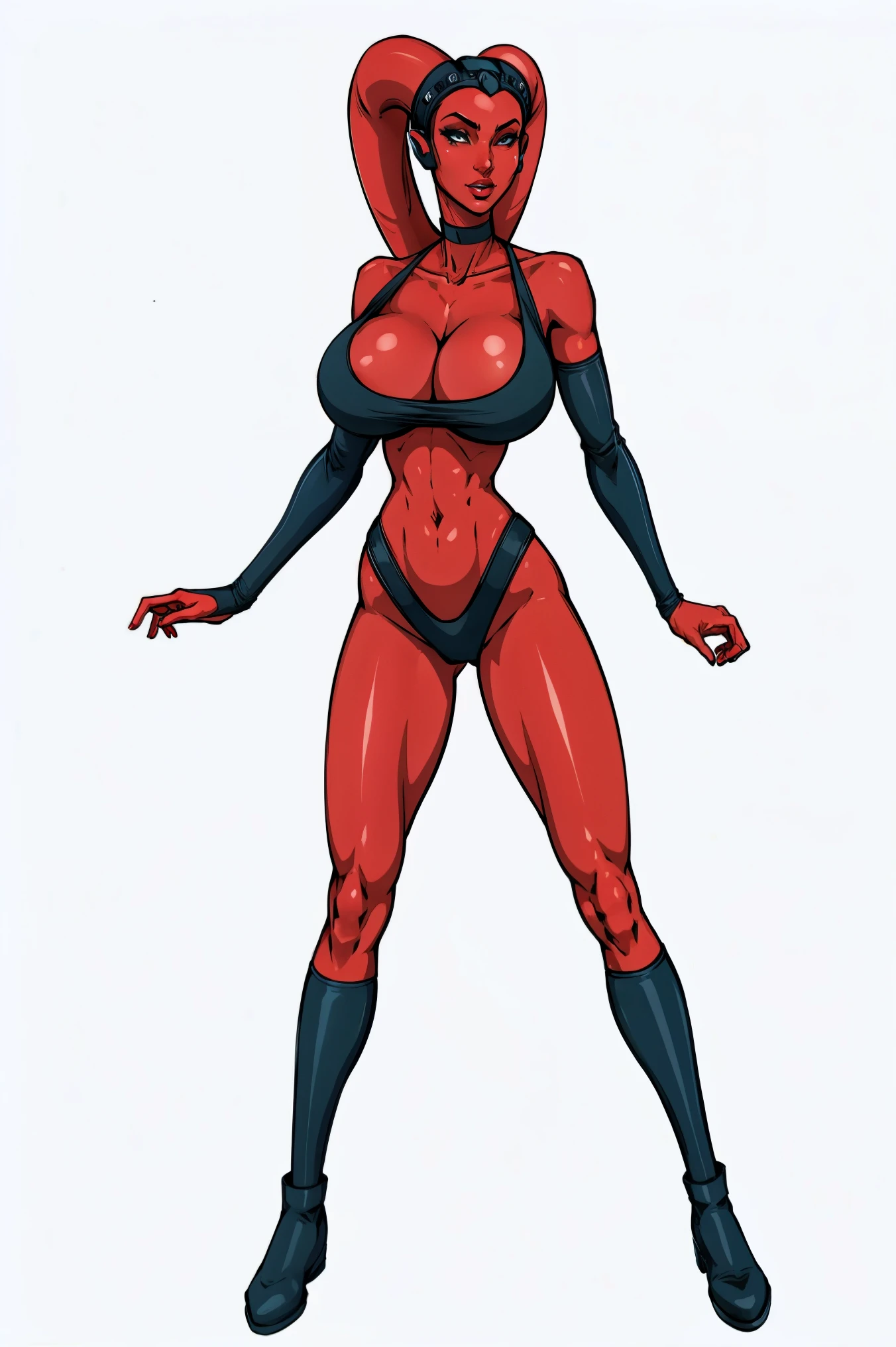 Tall, (thin), Red Skin Twi'lek with (gigantic breasts) wearing black underwear, choker, gigantic breasts, cleavage, tall, graceful, (tall), slim hips, small waist, full-body shot