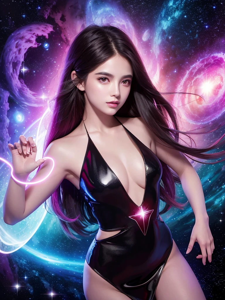 4k ultra high definition, masterpiece, Girl with magical powers, good face, Long hair, Shiny hair, Delicate eyes, Glossy lips, Wearing a black dress, The aura around the body, Magical Effect, Emit red and yellow lights, Cosmic elements and ethereal atmosphere, A mix of bright lights and colorful nebulae, Space Background, Charming pose, Full body capture.
