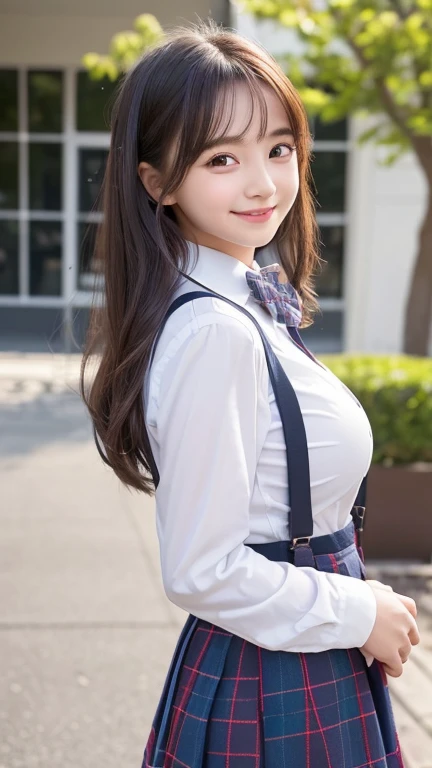 little young girl.................,, in front of the school、Connect to skirt with suspenders、White shirt with long sleeves、Plaid skirt、, , sakimichan,, nice and cute, Innocent smile, , Lovely smile, sakimichan HDRI、 big 、(Beauty Big 1:2) 、 with short bob、Pose cutely , 8 year old , big breasts