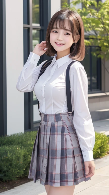 little young girl.................,, in front of the school、Connect to skirt with suspenders、White shirt with long sleeves、Plaid skirt、, , sakimichan,, nice and cute, Innocent smile, , Lovely smile, sakimichan HDRI、 big 、(Beauty Big 1:2) 、 with short bob、Pose cutely , 8 year old , big breasts