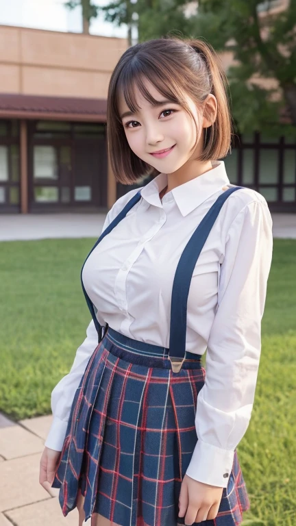 little young girl.................,, in front of the school、Connect to skirt with suspenders、White shirt with long sleeves、Plaid skirt、, , sakimichan,, nice and cute, Innocent smile, , Lovely smile, sakimichan HDRI、 big 、(Beauty Big 1:2) 、 with short bob、Pose cutely , 8 year old , big breasts