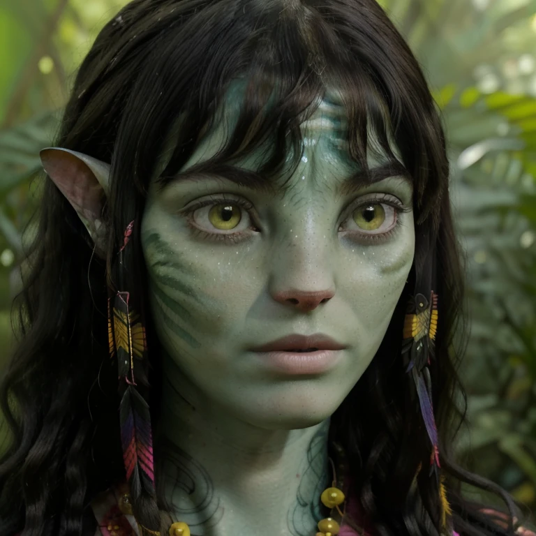 avatar style, (face portrait:1.6), naavi, 1girl, female, (yellow eyes), (big eyes), ((eyebrowless)), pointy ears, (forest green skin tone:1.0), (wavy hair:1.0), black hair color, ((long hair)), ((bangs)), (young adult), 18 years old, face wrinkles, wearing colorful tribal clothing, (wearing tribal acessories), detailed eyes, toned body, muscled body, vibrant colors, glowing, ethereal atmosphere, surrealistic dreamy lighting, textured skin, otherworldly beauty, mesmerizing photography, (best quality, highres), vivid colors, ultrarealistic, skin details, striped skin, sfw, face close-up:0.5, ultradetailed body, ((green skin)), Brazilian Native, k4y4sc0d3-smf