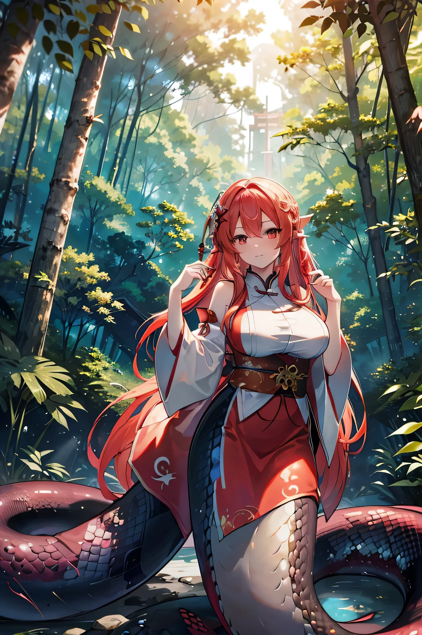 4k,High resolution,One Woman,lamia,Red Hair,long hair,Big Breasts,Shrine maiden,White Shrine maiden outfit,Detachable sleeve,in the forest