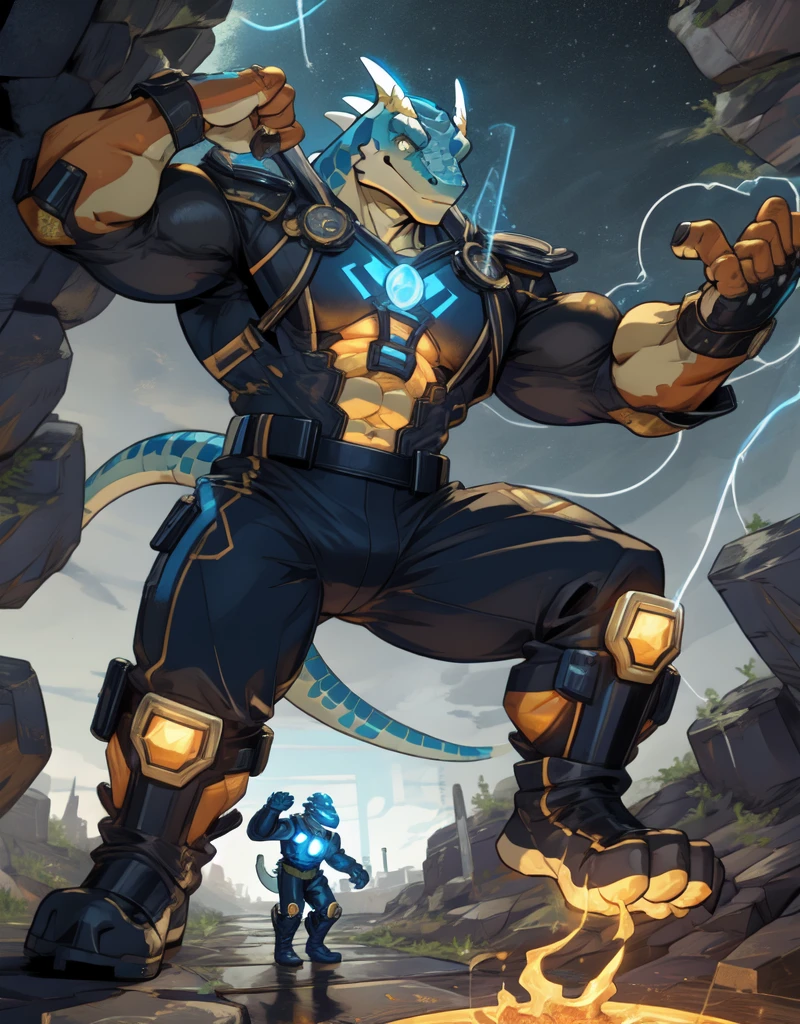 A muscular orange anthropomorphic lizard with orange ,wearing a tight navy blue futuristic scfi superhero battle outfit, useing telekinesis to lift rocks, in a metropolis