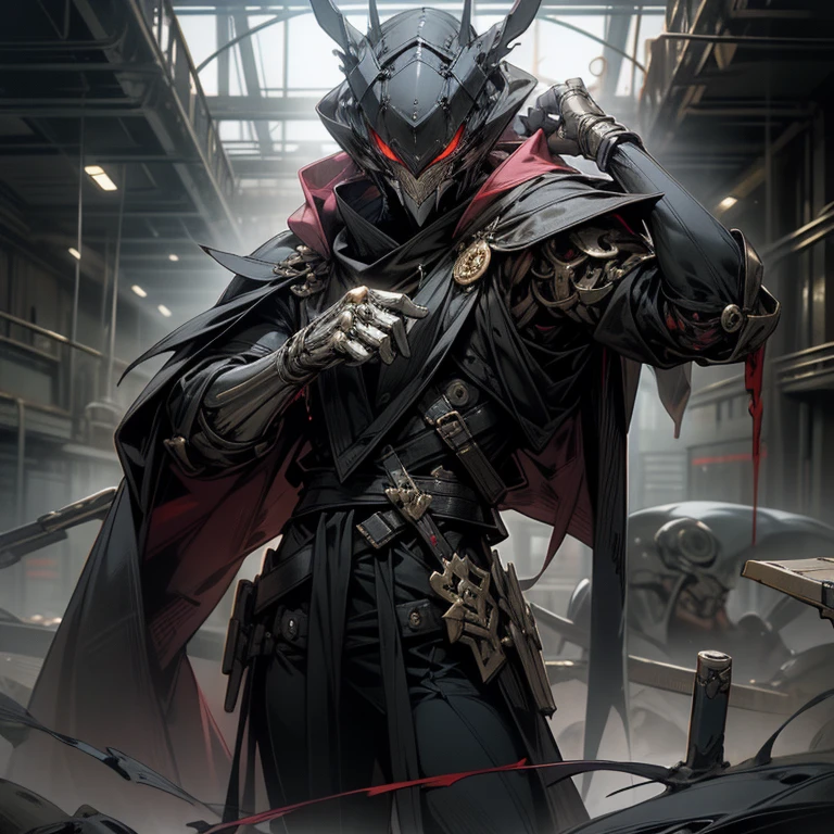 The center of a surreal landscape, One figure stands out., A strange hybrid called Rabbitman.. Dressed in military uniform, He held the gun with determination in his eyes., ผ้าและมือของเขาเปื้อนสีแดงเข้มจากเหตุการณ์นองbloodเมื่อเร็วๆ นี้. Dark fantasy scenes come to life with this magical and unexpected mechanic., Rogue cybernetic guardian, Violating the norms of reality. blood: 1.2, Remnants of the violence he committed., Adding to the eerie atmosphere of this bizarre image..