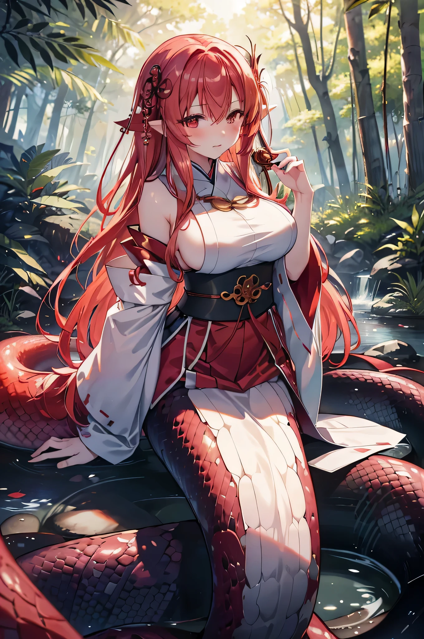 4k,High resolution,One Woman,lamia,Red Hair,long hair,Big Breasts,Shrine maiden,White Shrine maiden outfit,Detachable sleeve,in the forest