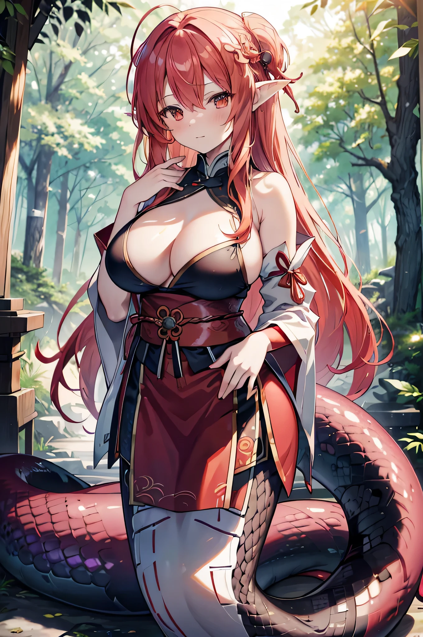 4k,High resolution,One Woman,lamia,Red Hair,long hair,Big Breasts,Shrine maiden,White Shrine maiden outfit,Detachable sleeve,in the forest