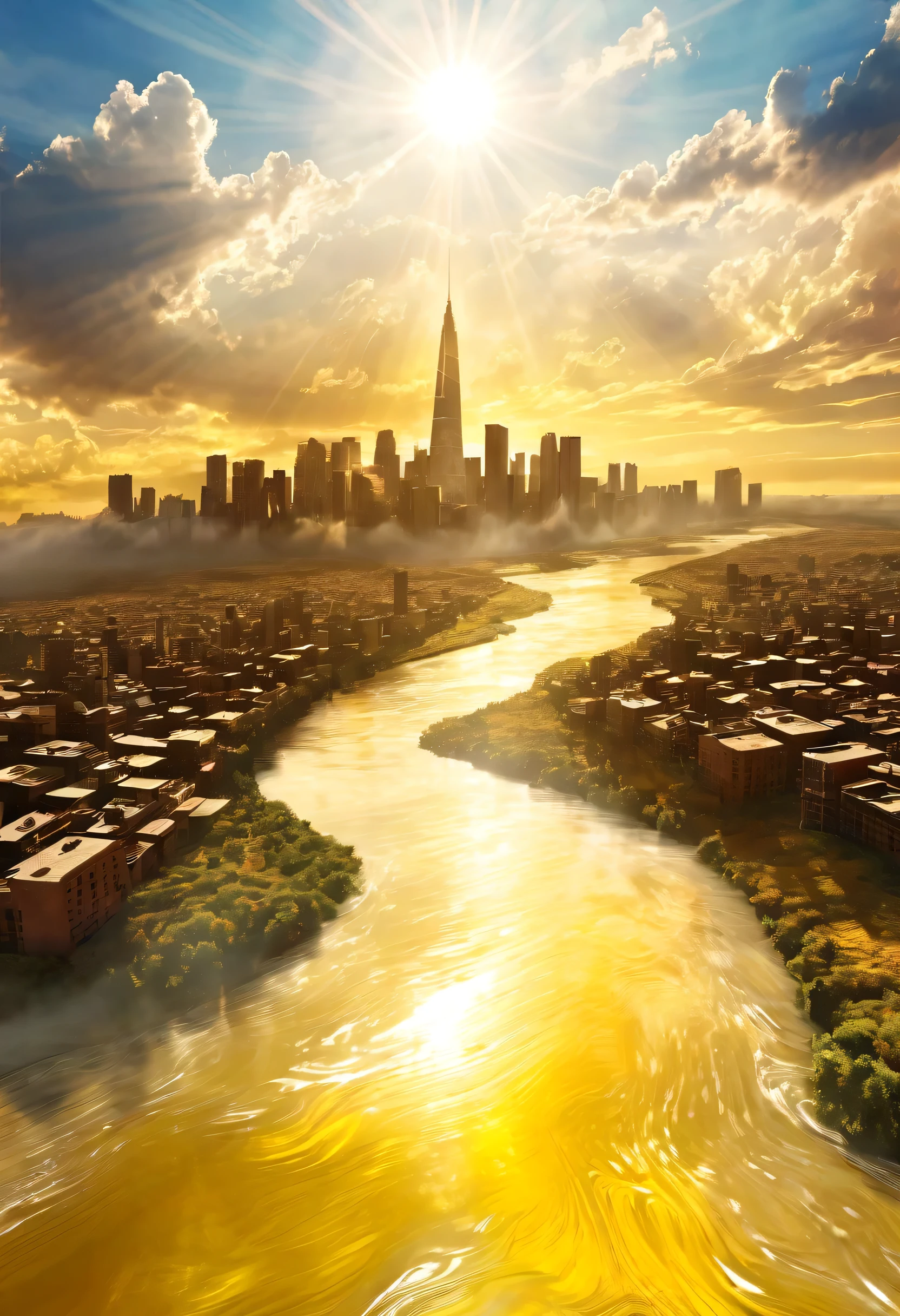 Surreal digital artwork of a mysterious cityscape rising into the sky, The clouds dispersed，The bright sun, Tyndall effect，Sunlight，The Yellow River flows on the ground