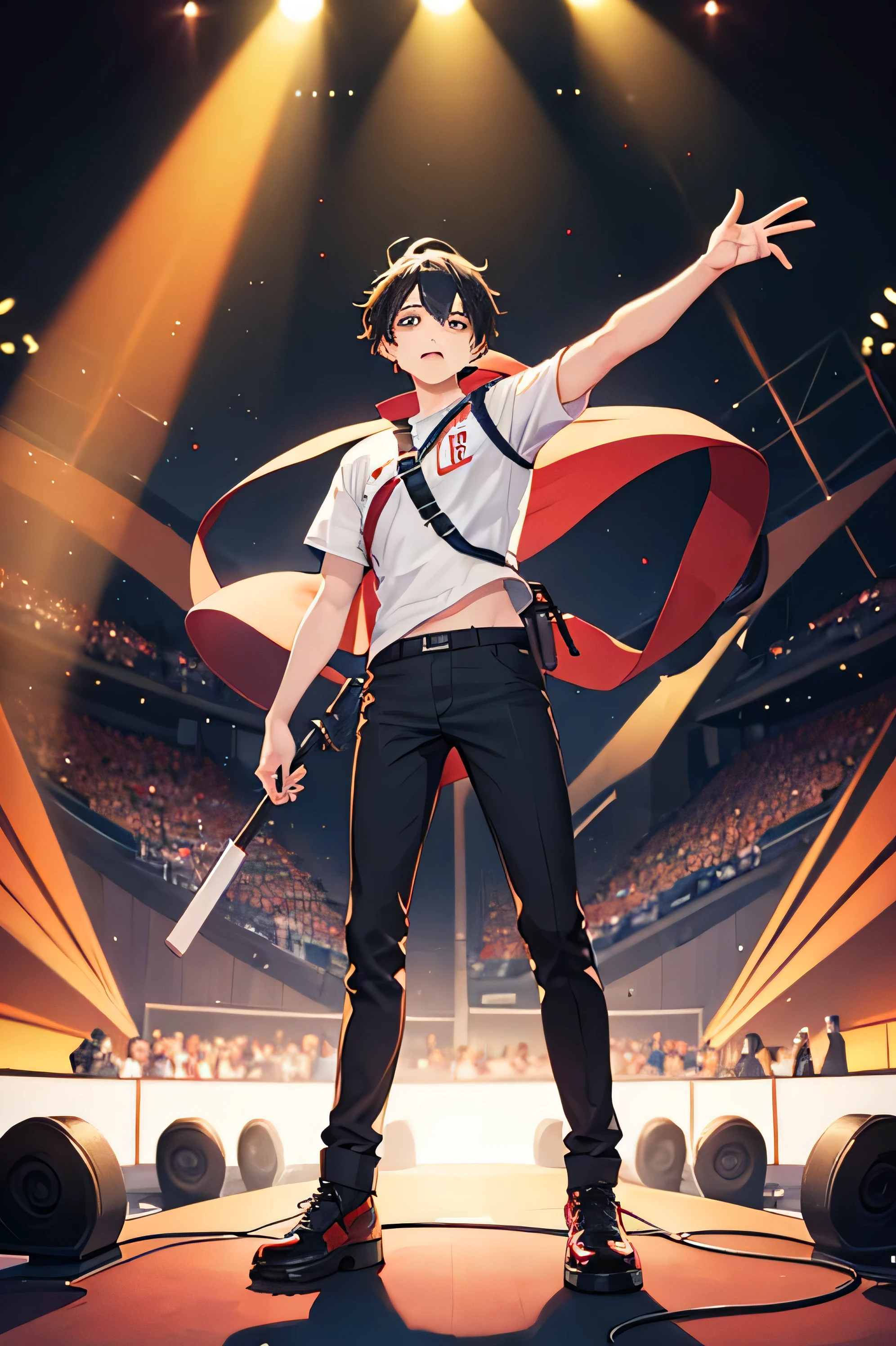 boy full body, concert stage background