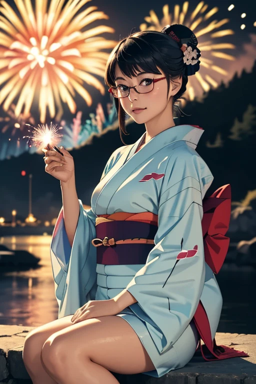 (masterpiece, highest quality), One Girl, Satou, Satou, Glasses, 赤いフレームのGlasses, Yukata, Satou, Glasses, 赤いフレームのGlasses, kimono,head to feet,Fireworks,