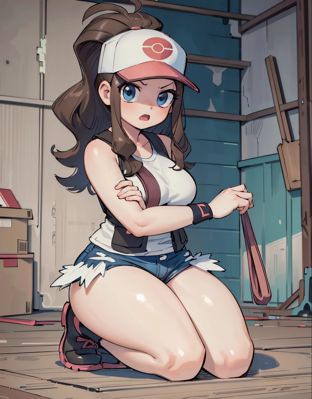 (best quality,4k,8k,highres,masterpiece:1.2),ultra-detailed,(realistic,photorealistic,photo-realistic:1.37)highres,portrait,beautiful girl, ultra-detailed, realistic:1.37, sketches, hilda pokemon, def1, full body, detailed eyes, beautiful eyes, anime style eyes, perfect hands, curvy, visible thighs, chubby thighs, thighs in the foreground, annoyed look, open mouth, encanto femenino,  in a abandoned warehouse, dinamic pose