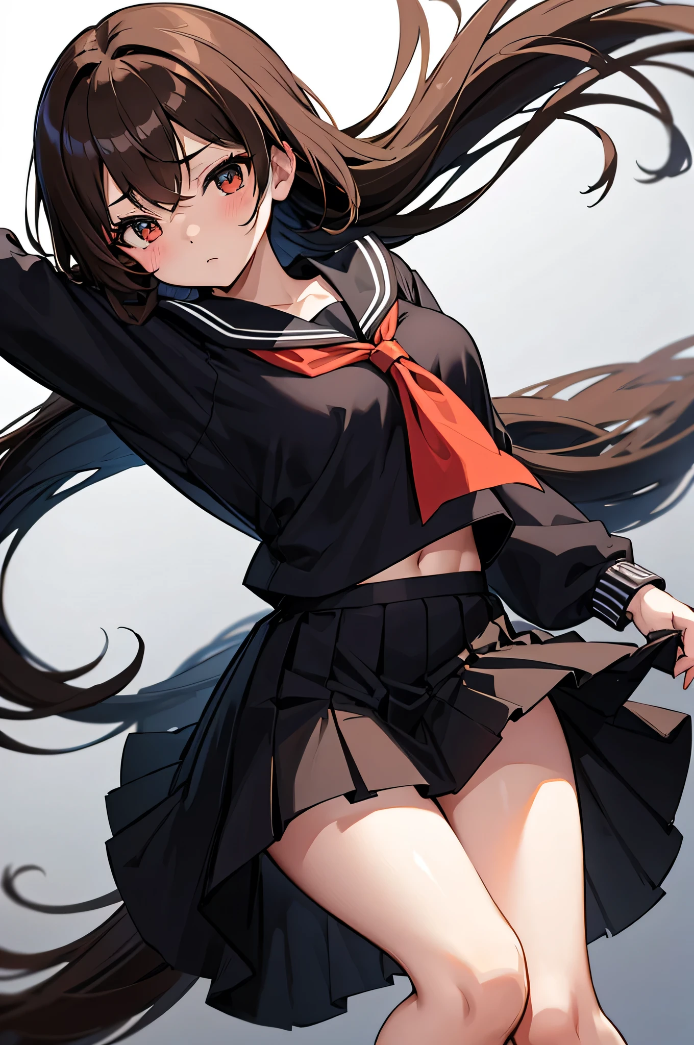 an anime character with long brown tresses and a short miniskirt in sailor very open outfit, holding a bow and arrow, 1girl, solo, lift miniskirt, sexy, very short school uniform, sexy, short serafuku, firm medium breasts, long hair, black hair, cowboy miniskirt, looking at viewer, white background, simple background, black serafuku, pleated skirt, blush, random low angle, uncensored, 70% nude, nsfw, all intricate details
