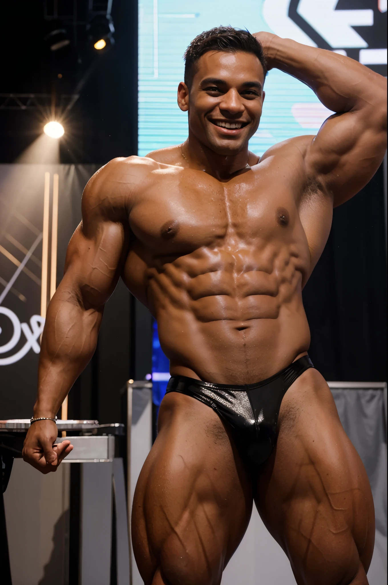 smiling male bodybuilder posing in stage, shiny posers.