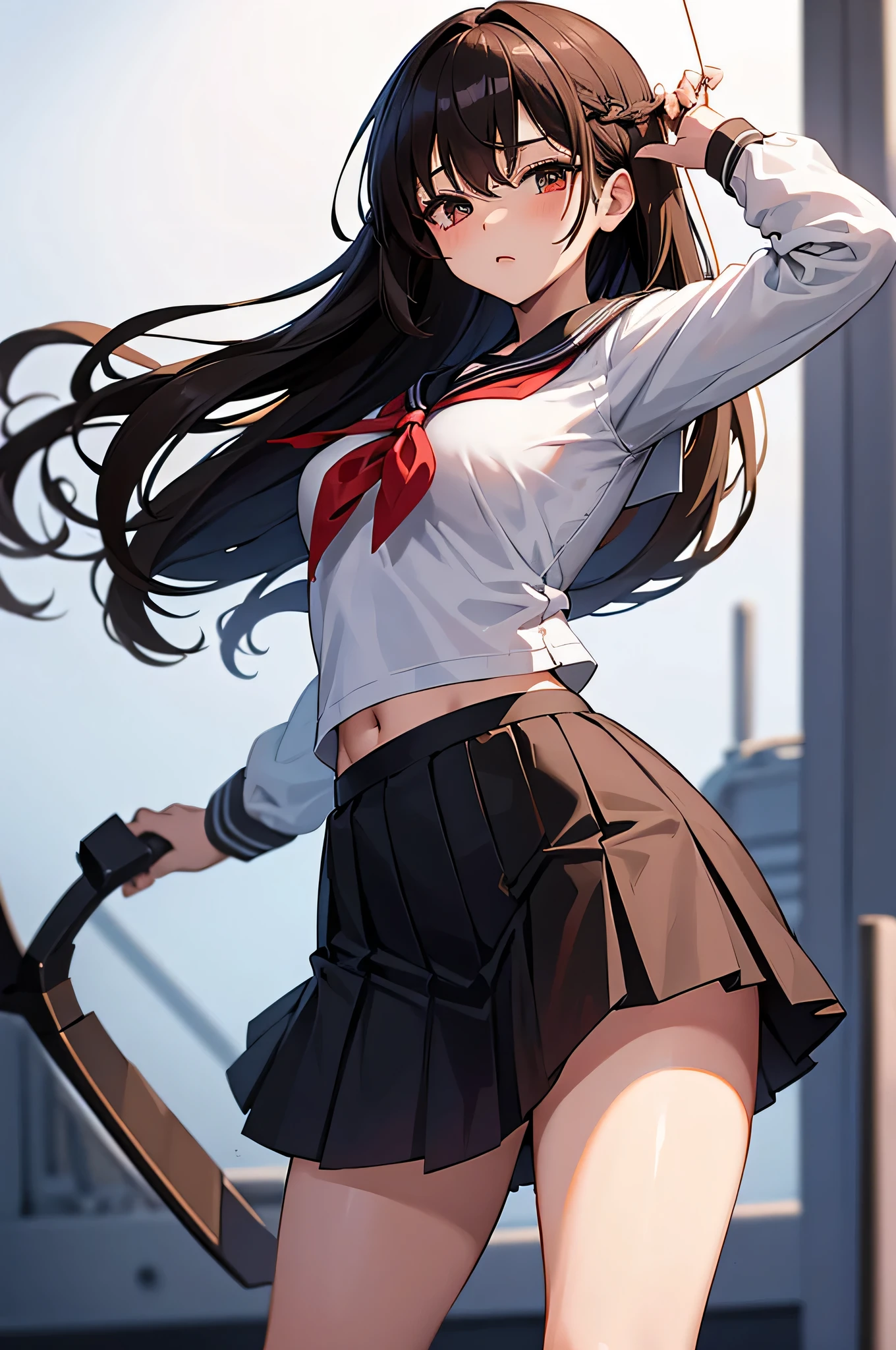 an anime character with long brown tresses and a short miniskirt in sailor very open outfit, holding a bow and arrow, 1girl, solo, lift miniskirt, sexy, very short school uniform, sexy, short serafuku, firm medium breasts, long hair, black hair, cowboy miniskirt, looking at viewer, white background, simple background, black serafuku, pleated skirt, blush, random low angle, uncensored, 70% nude, nsfw, all intricate details