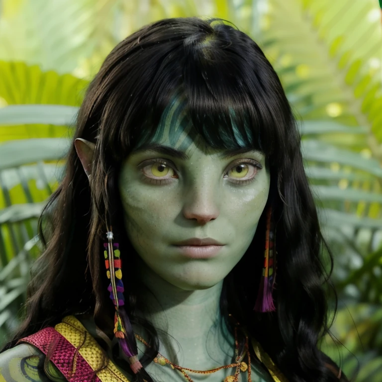 avatar style, (face portrait:1.6), naavi, 1girl, female, (yellow eyes), (big eyes), ((eyebrowless)), pointy ears, (forest green skin tone:1.0), (wavy hair:1.0), black hair color, ((long hair)), ((bangs)), (young adult), 18 years old, face wrinkles, wearing colorful tribal clothing, (wearing tribal acessories), detailed eyes, toned body, muscled body, vibrant colors, glowing, ethereal atmosphere, surrealistic dreamy lighting, textured skin, otherworldly beauty, mesmerizing photography, (best quality, highres), vivid colors, ultrarealistic, skin details, striped skin, sfw, face close-up:0.5, ultradetailed body, ((green skin)), Brazilian Native, k4y4sc0d3-smf