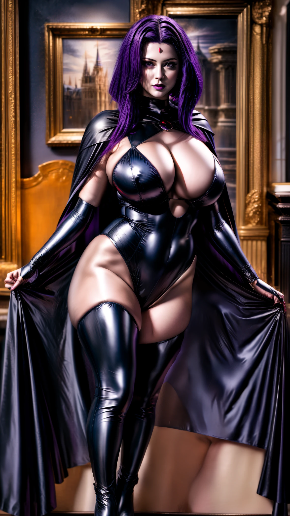 Masterpiece, professional artwork, famous artwork, gothgirl solo as raven , large breasts, thick thighs, curvy hips, wide hips,  leotard, full-body angle,  dark atmosphere, grey skin, purple hair, forehead jewel, cape,black  leather thigh boots