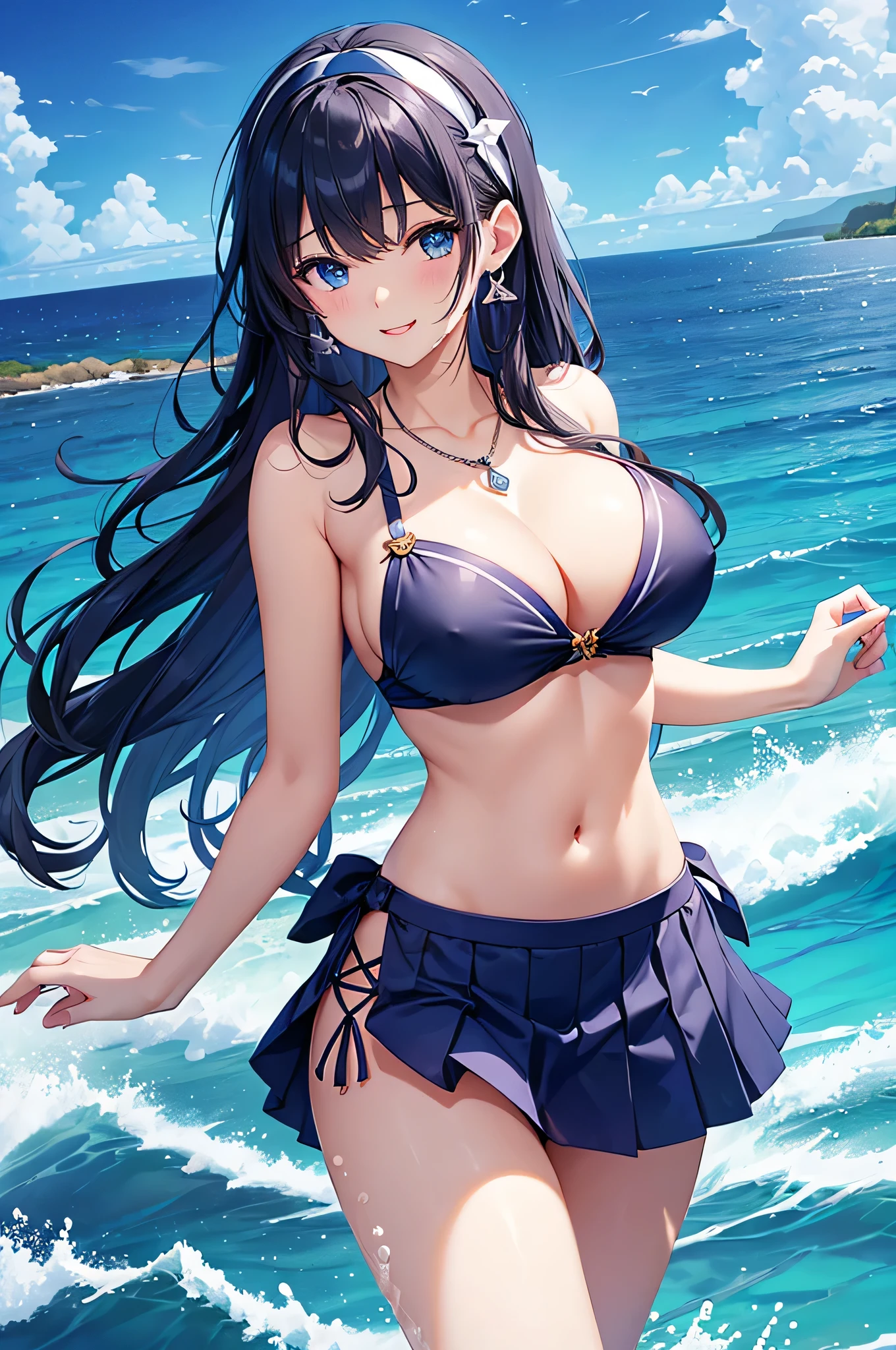 highest quality、Highest quality、masterpiece、beautiful girl、((1 female:1.5))、Navy blue long hair、blue eyes、Sexy bikini in dark blue、Big cleavage、(Big Breasts),smile、necklace、Blue earrings、situation(Swimming in the sea、Waveless ocean:1.3)、Open your mouth wide、Navy blue short skirt、white headband、Standing and immersing your feet in seawater up to your thighs、super close range、