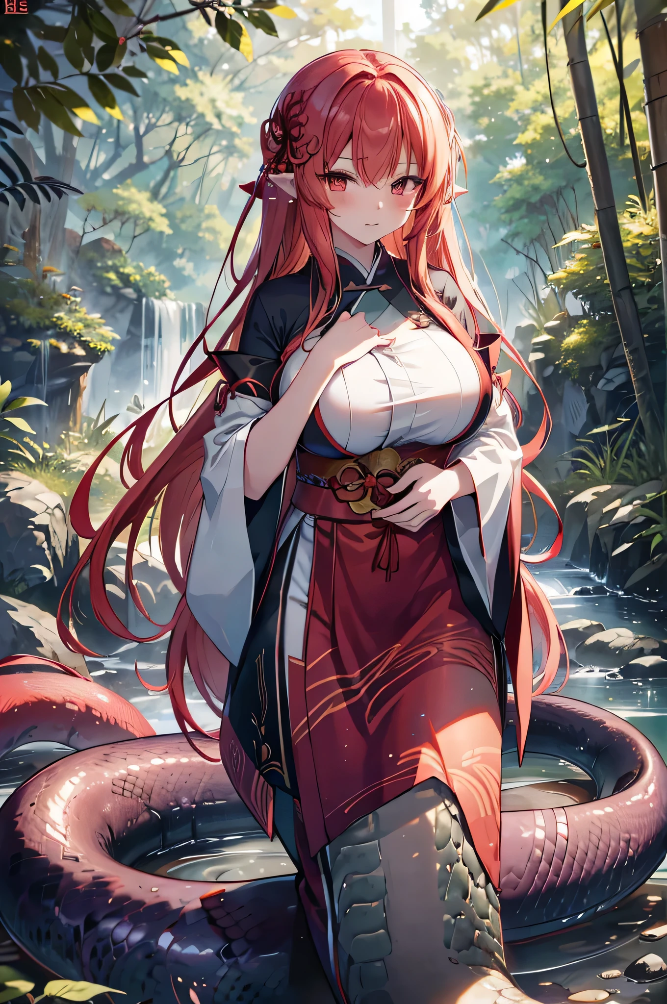 4k,High resolution,One Woman,lamia,Red Hair,long hair,Big Breasts,Shrine maiden,White Shrine maiden outfit,Detachable sleeve,in the forest