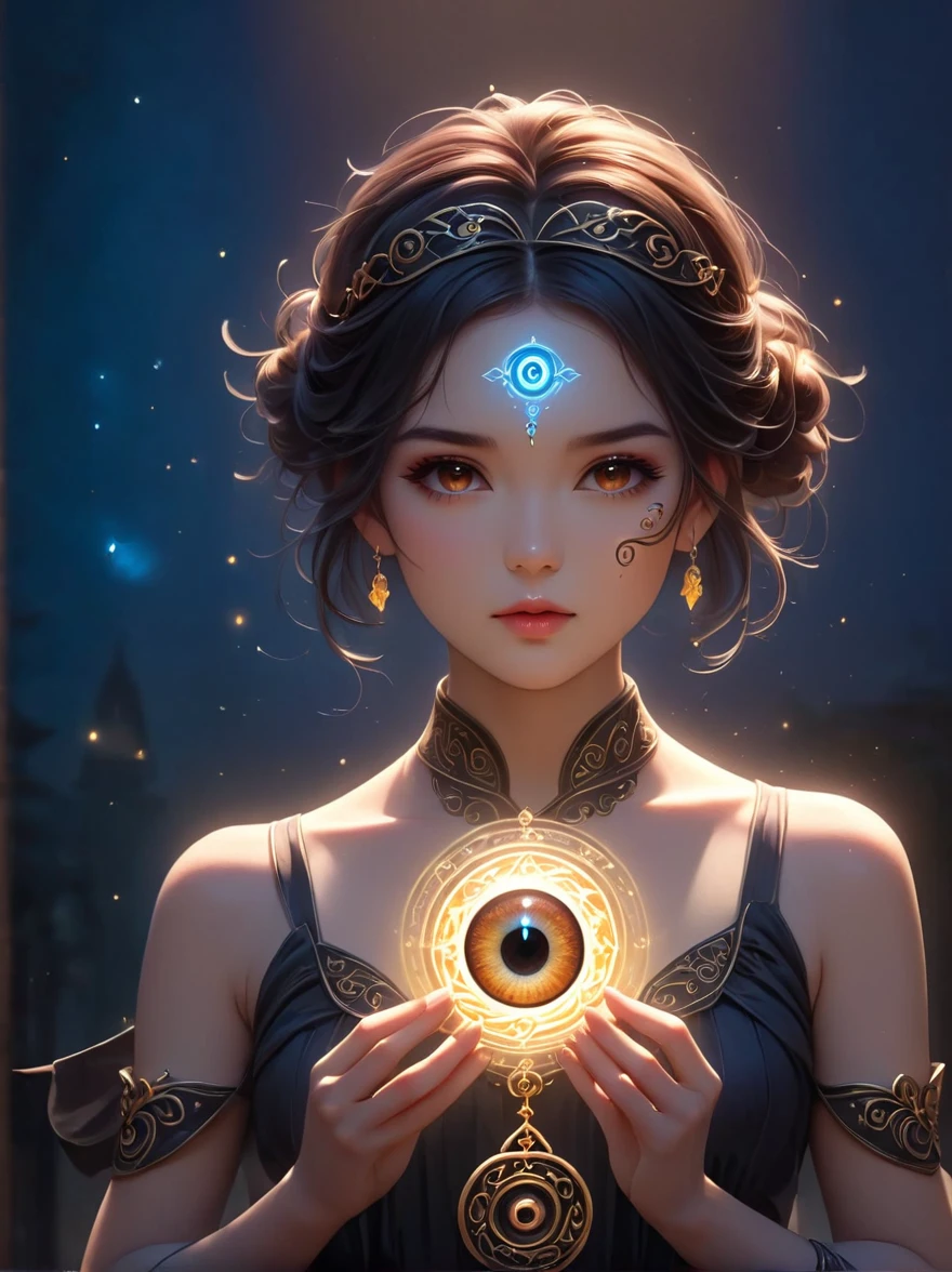 Realistic shadows，Depth of Field，Bokeh，1 Girl，aldult，(Elf:0.7)，Amber eyes，Dark Brown Wedge Cut，Alone，front，front视图，(whole body)，Detailed background，Detailed face(Void theme:1.1），The magical third eye glowing on the forehead，Eye Tattoo，Illusionist，Mind Power，Awareness，Mind control，Hypnosis，Charm，Mind Magic，clairvoyance，charming，Halo，Door of the Soul，Spiritual Energy，散发出的魔法蓝色Spiritual Energy，Updraft，Magic in the background，Ethereal atmosphere