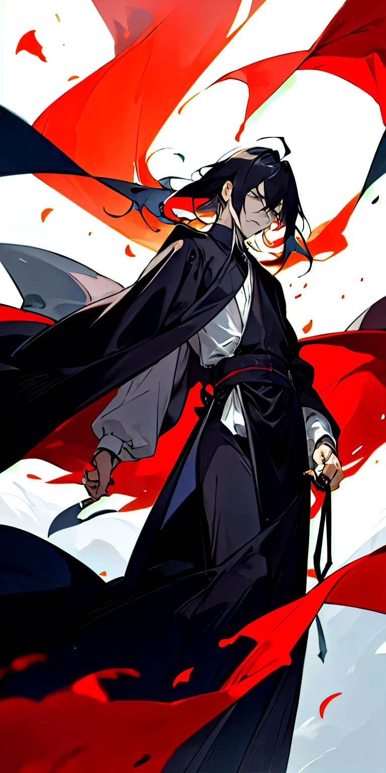 Chico, imponente y misterioso. He has a tall stature and an athletic build. Su cabello negro y largo cae hasta la mitad de su espalda, with locks framing his pale, sharp face. Sus ojos, de un intenso color rojo, shine with malevolent determination. He is always dressed in a black robe that flutters in the wind and wraps around his slender figure., giving it a sombre and enveloping appearance.