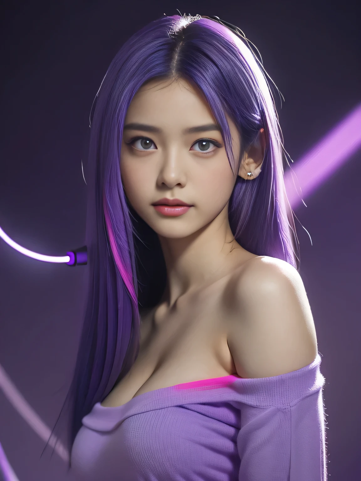 ,13 years old, junior high school girl, (huge breasts:1.4)、(Neon Purple Theme:1.2), masterpiece, highest quality, 4K, (Realistic), Bokeh, Awareness-raising,(1 perfect portrait of a girl), (A fascinating eye for perfect detail:1.2), Colorful Hair, (Gradient Hair), (Neon purple soft hair:1.6), (Cat ear:1.2), Fantasy Background, (Exposed bare shoulders), (Long-term alienation sleeve), (Lean forward slightly), Tilt your head, (Cinema Lighting:1.2), Larger clothes, (Seductive pose:1.4), (Neon Purple Background:1.6), beautiful purple eyes, close,(((Shortcuts:1.3)))
