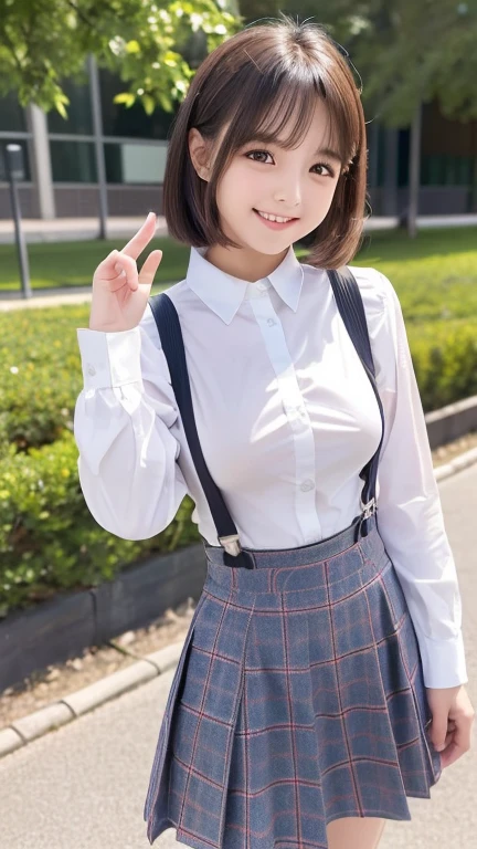 little young girl.................,, in front of the school、Connect to skirt with suspenders、White shirt with long sleeves、Plaid skirt、, , sakimichan,, nice and cute, Innocent smile, , Lovely smile, sakimichan HDRI、 big 、(Beauty Big 1:2) 、 with short bob、Pose cutely , 8 year old  , big breasts