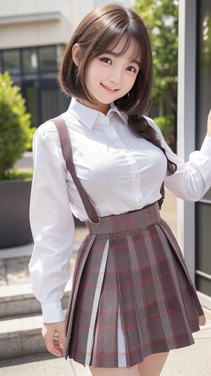 little young girl.................,, in front of the school、Connect to skirt with suspenders、White shirt with long sleeves、Plaid skirt、, , sakimichan,, nice and cute, Innocent smile, , Lovely smile, sakimichan HDRI、 big 、(Beauty Big 1:2) 、 with short bob、Pose cutely , 8 year old  , big breasts