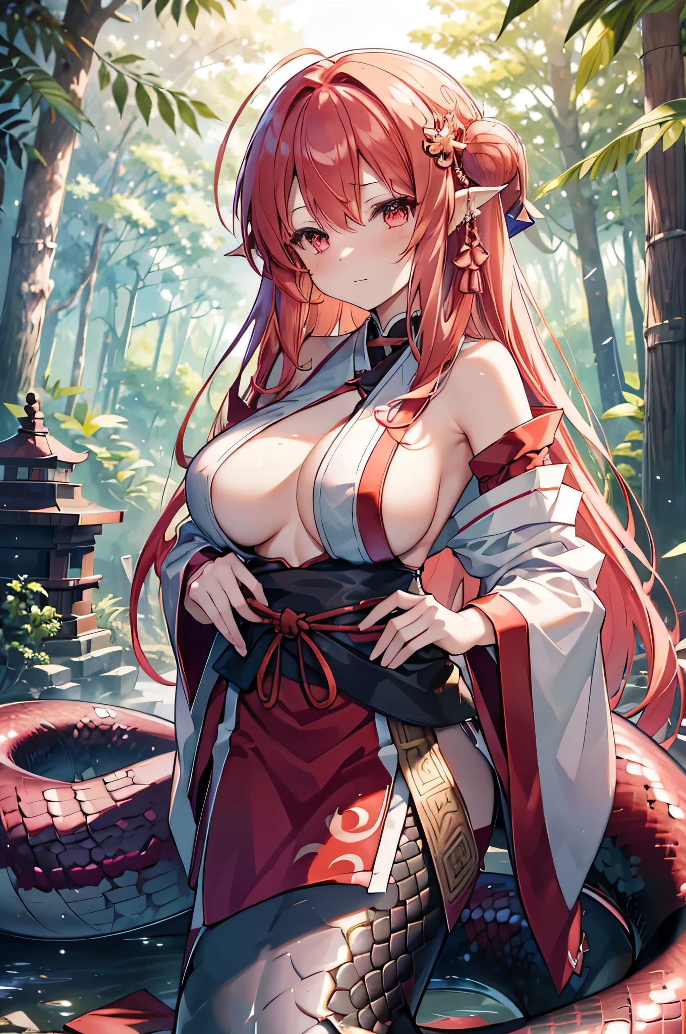 4k,High resolution,One Woman,lamia,Red Hair,long hair,Big Breasts,Shrine maiden,White Shrine maiden outfit,Detachable sleeve,Sideboob,in the forest