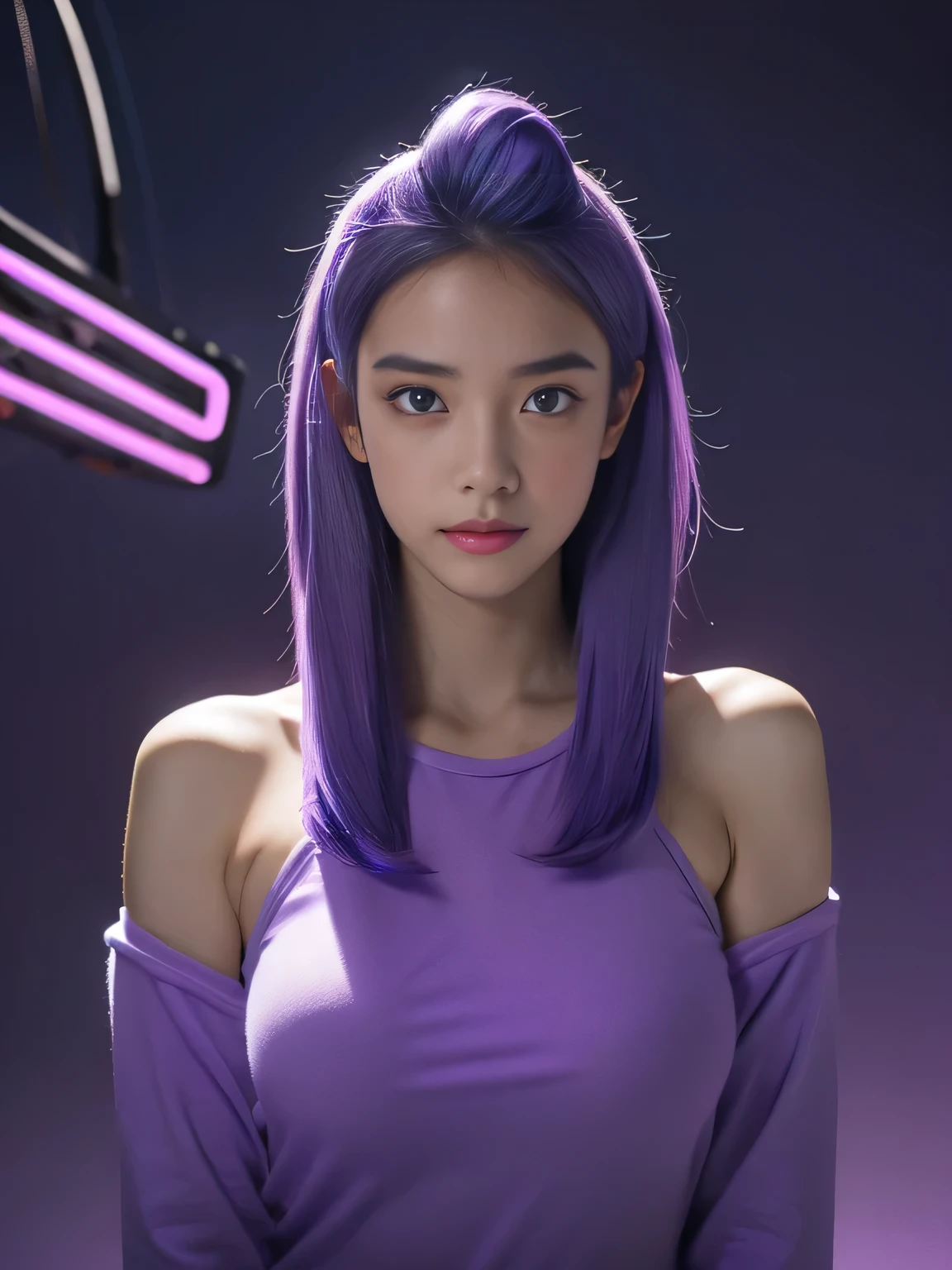 ,, junior high  breasts:1.4)、(Neon Purple Theme:1.2), masterpiece, highest quality, 4K, (Realistic), Bokeh, Awareness-raising,(1 perfect portrait of a girl), (A fascinating eye for perfect detail:1.2), Colorful Hair, (Gradient Hair), (Neon purple soft hair:1.6), (Cat ear:1.2), Fantasy Background, (Exposed bare shoulders), (Long-term alienation sleeve), (Lean forward slightly), Tilt your head, (Cinema Lighting:1.2), Larger clothes, (Seductive pose:1.4), (Neon Purple Background:1.6), beautiful purple eyes, close,(((Shortcuts:1.3)))