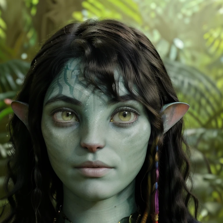 avatar style, (face portrait:1.6), naavi, 1girl, female, (yellow eyes), (big eyes), ((eyebrowless)), pointy ears, (forest green skin tone:1.0), (wavy hair:1.0), black hair color, ((long hair)), (()), (young adult), 18 years old, face wrinkles, wearing colorful tribal clothing, (wearing tribal acessories), detailed eyes, toned body, muscled body, vibrant colors, glowing, ethereal atmosphere, surrealistic dreamy lighting, textured skin, otherworldly beauty, mesmerizing photography, (best quality, highres), vivid colors, ultrarealistic, skin details, striped skin, sfw, face close-up:0.5, ultradetailed body, ((green skin)), Brazilian Native, k4y4sc0d3-smf