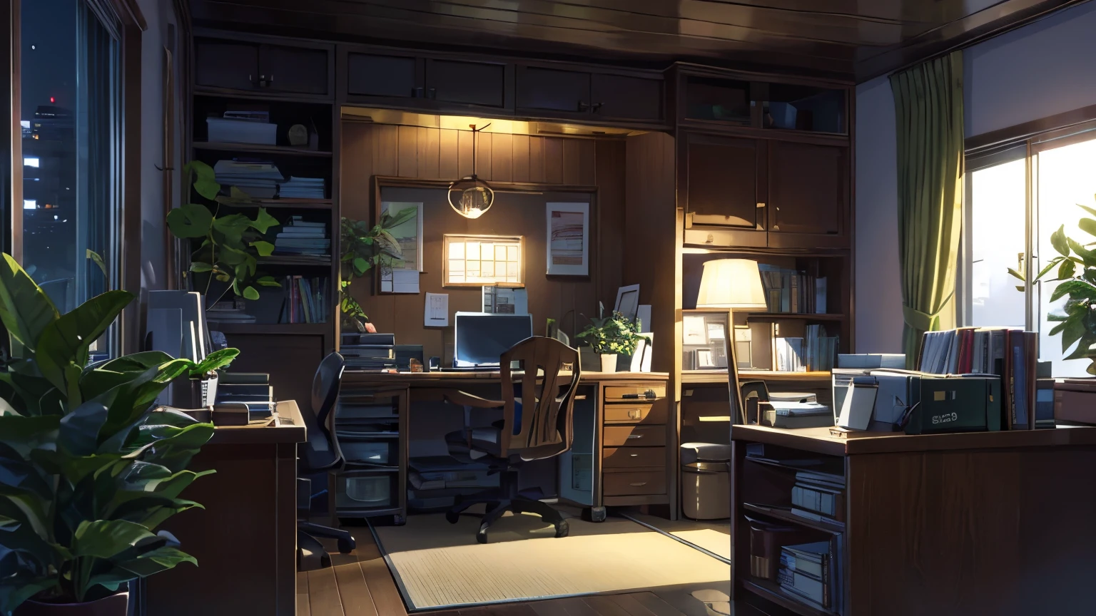 A stylish room with a bookshelf and a desk、coffee、Foliage plant、night、moonlight、shinkai makoto