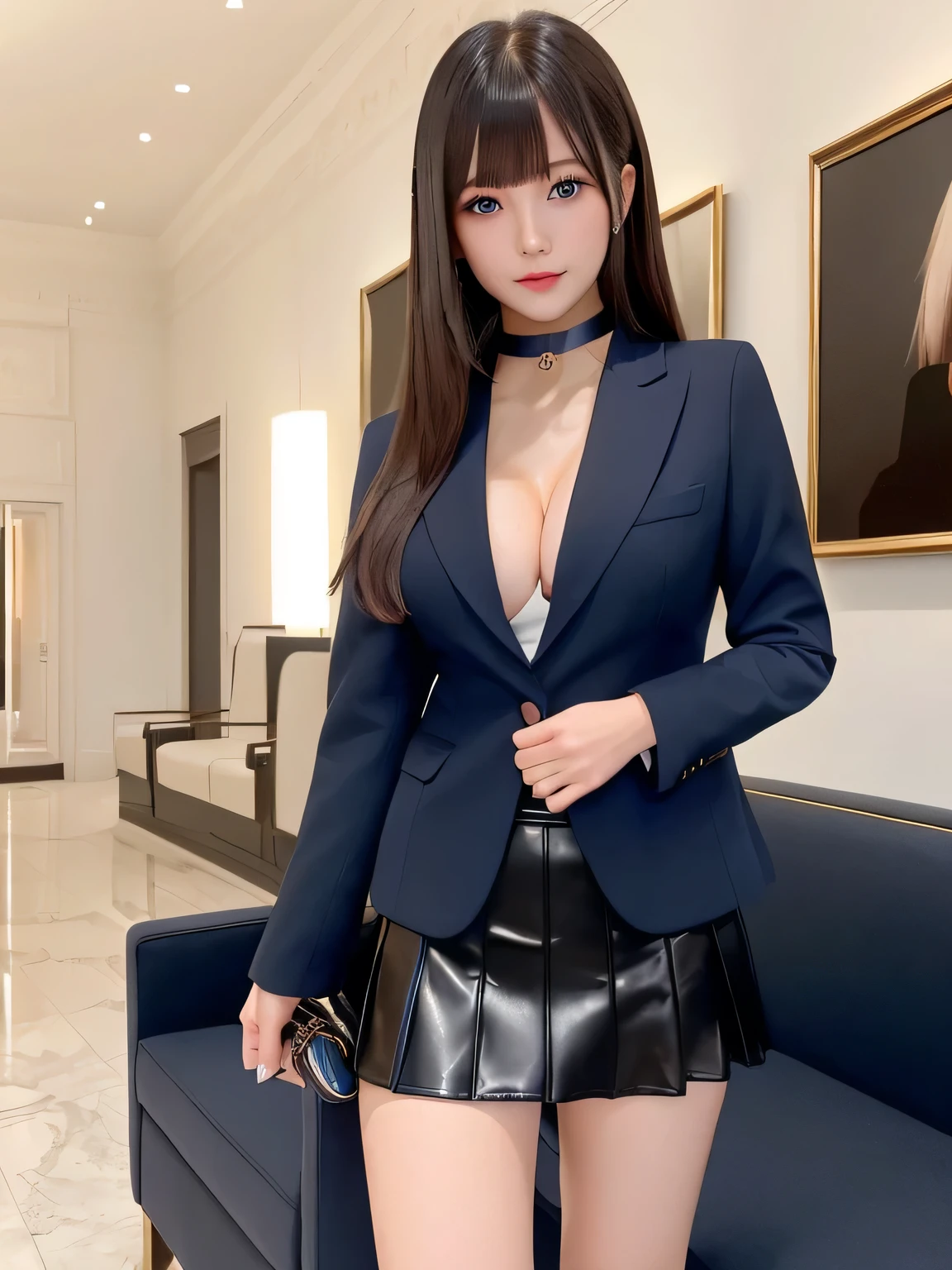 Product quality, One girl per photo, Full body portrait, Front view, Young and pretty girl in Japan, Long Bob Hair, ((Standing with a smile in the reception room, Dark blue business jacket, mini skirt, uniform)), Super cute face, Glossy Lips, Double eyelids on both eyes, Natural Makeup, (shiny smooth light brown hair of Long Bob Hair), Asymmetrical bangs, High resolution, Attention to detail, Detailed hairstyle, Detailed face, Cinema Lighting, Octane Rendering, Ultra-realistic, Perfect limbs, Perfect Anatomy, ((Black choker)), Blue Eyes, Large Breasts, Very long and abundant eyelashes, Marble room, Luxury sofa, Luxurious vases