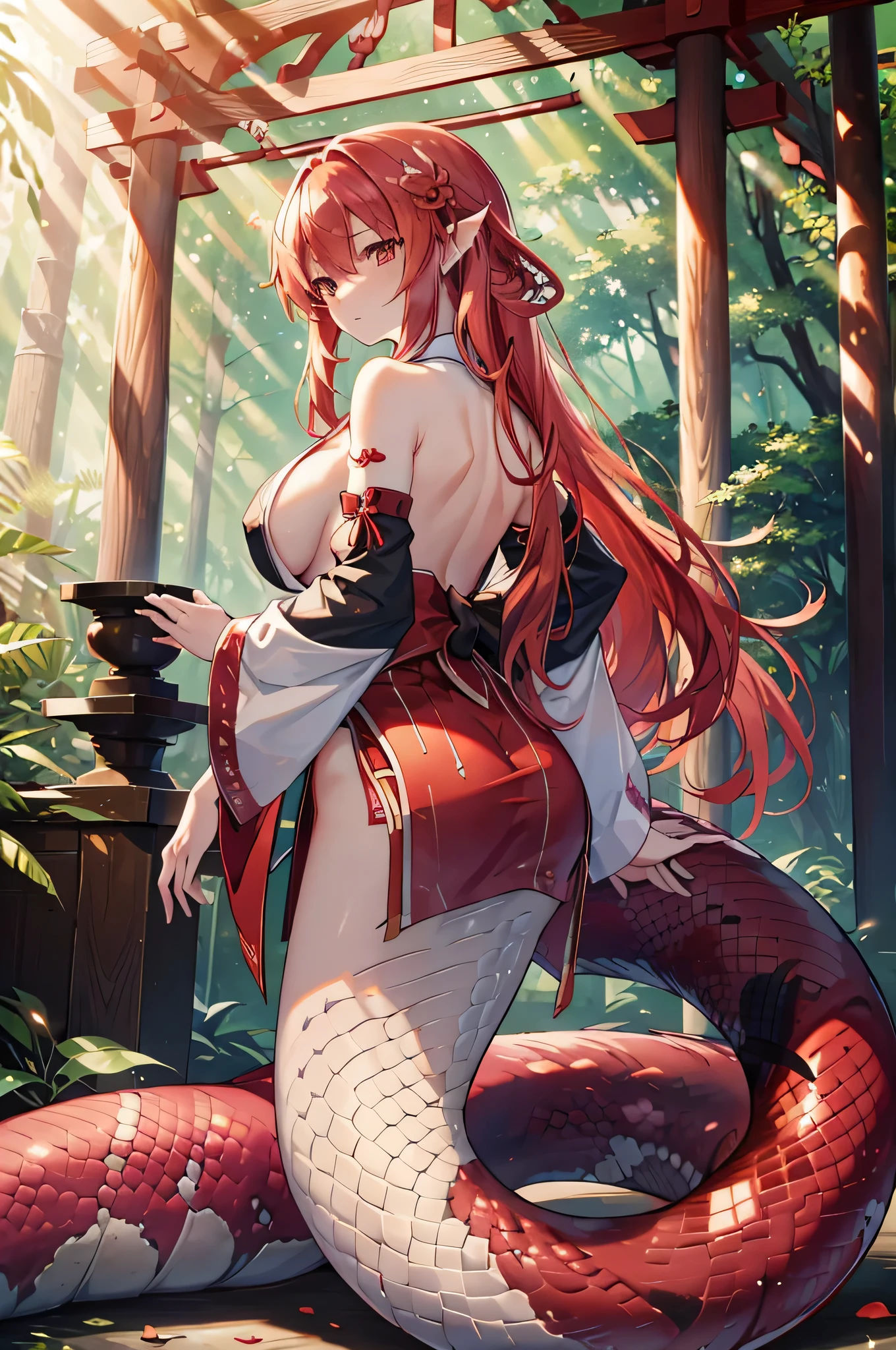 4k,High resolution,One Woman,lamia,Red Hair,long hair,Big Breasts,Shrine maiden,White Shrine maiden outfit,Detachable sleeve,Sideboob,in the forest