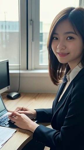 The image is、It is rendered in ultra-high resolution of 8K.。In a well-lit office、A young woman who has just started working as a new member of society is sitting at her desk。She is wearing modern business attire.、Smiling confidently at the computer screen。On the desk, documents and stationery are neatly arranged.、I can feel her passion for her work。From the office window、Bright light pours in、It conveys a comfortable working environment。