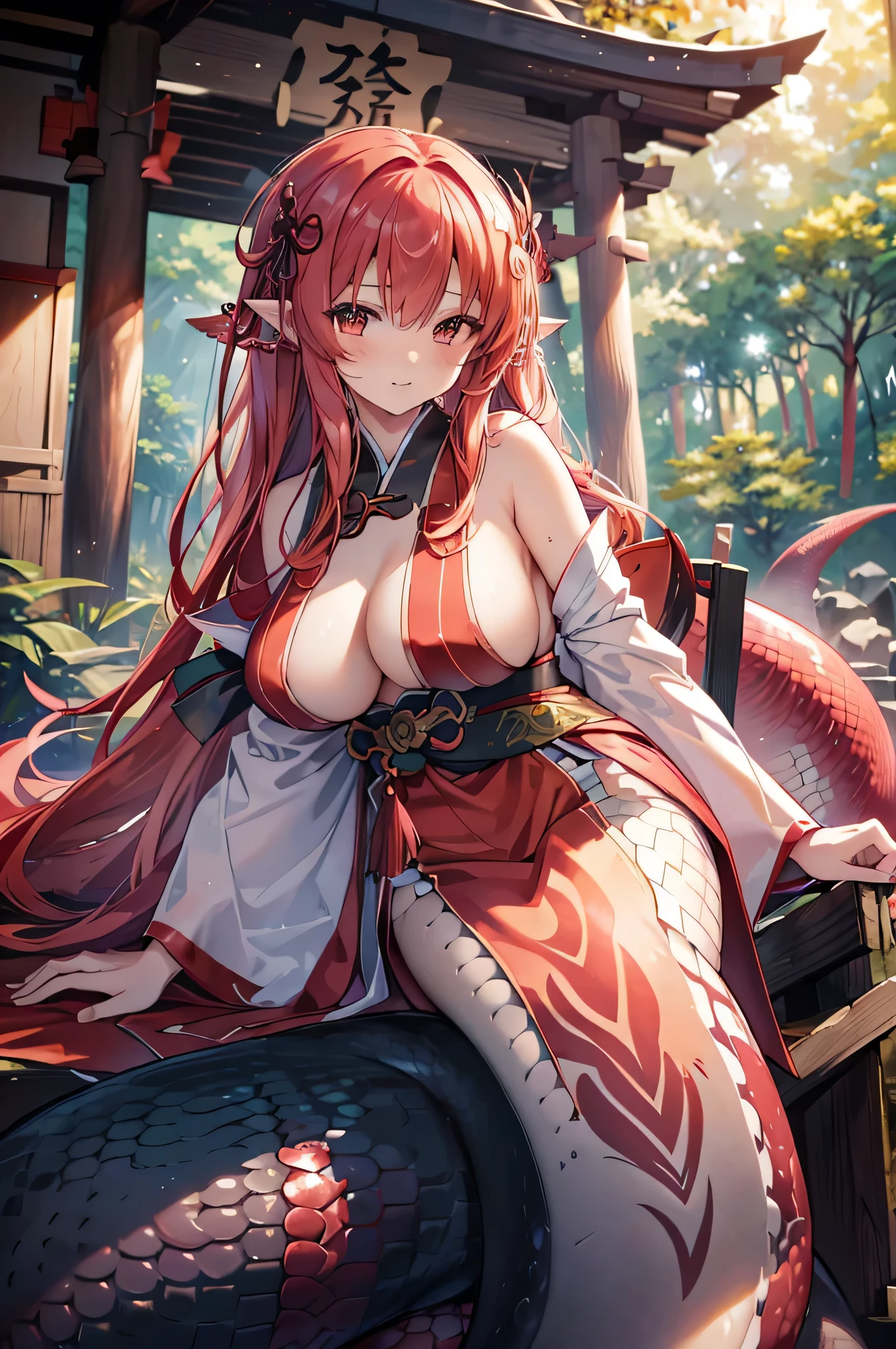 4k,High resolution,One Woman,lamia,Red Hair,long hair,Big Breasts,Shrine maiden,White Shrine maiden outfit,Detachable sleeve,Sideboob,in the forest