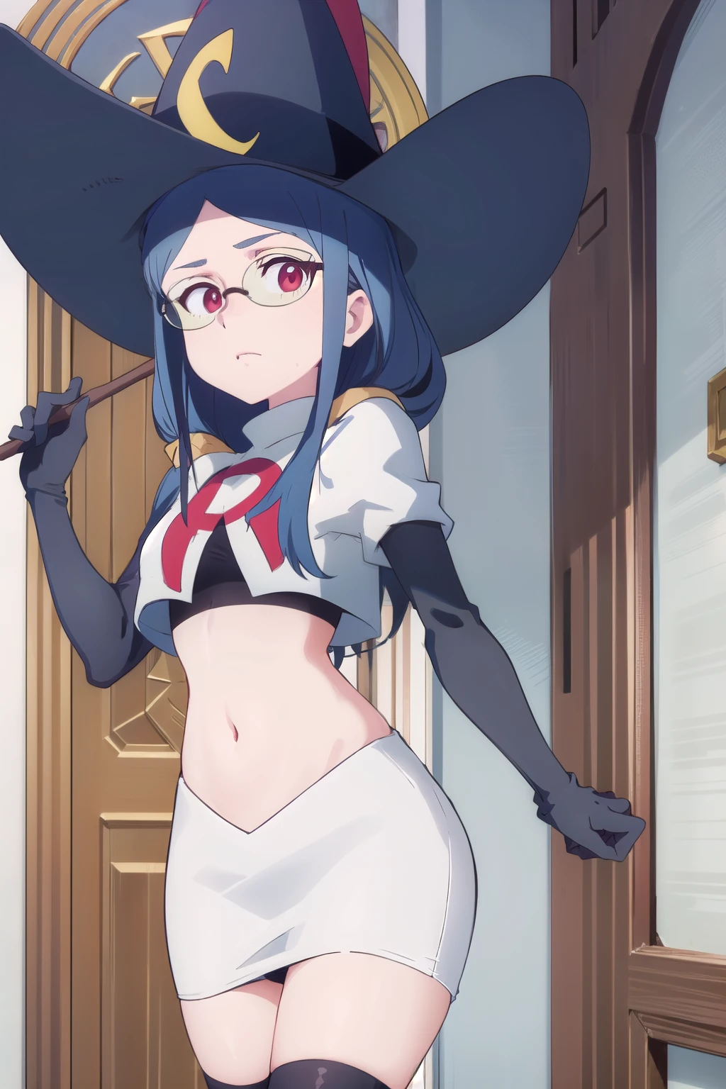 (((pixel-perfect, detail-perfect))), solo, 1girl, ursula callistis, witch, looking at viewer, glasses, team rocket,team rocket uniform,white skirt,red letter R,crop top,black thigh-highs,black elbow gloves, witch hat