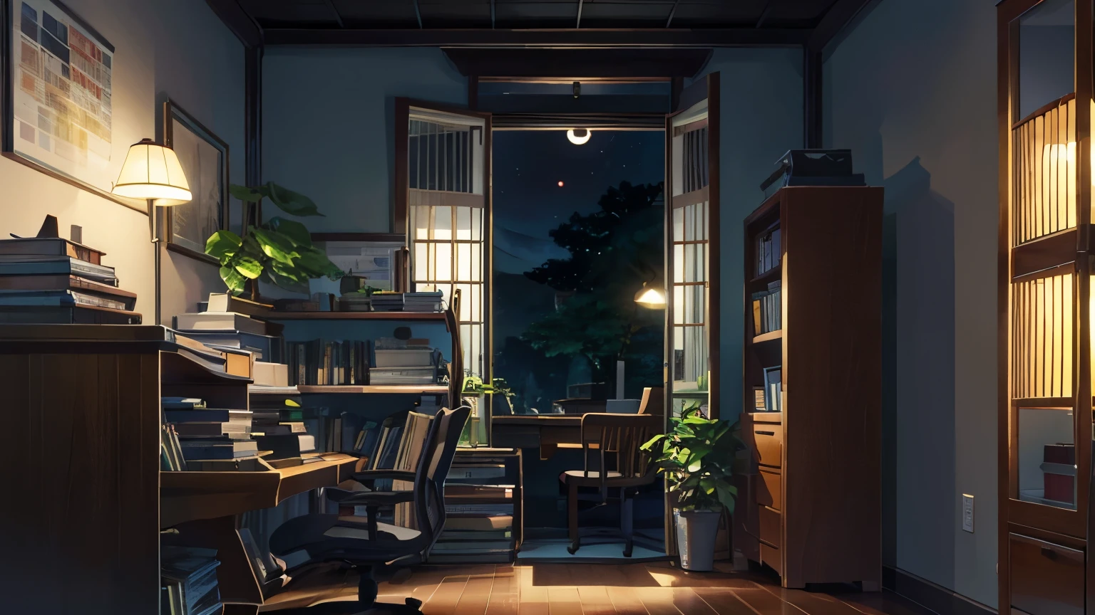A stylish room with a bookshelf and a desk、coffee、Foliage plant、night、moonlight、shinkai makoto