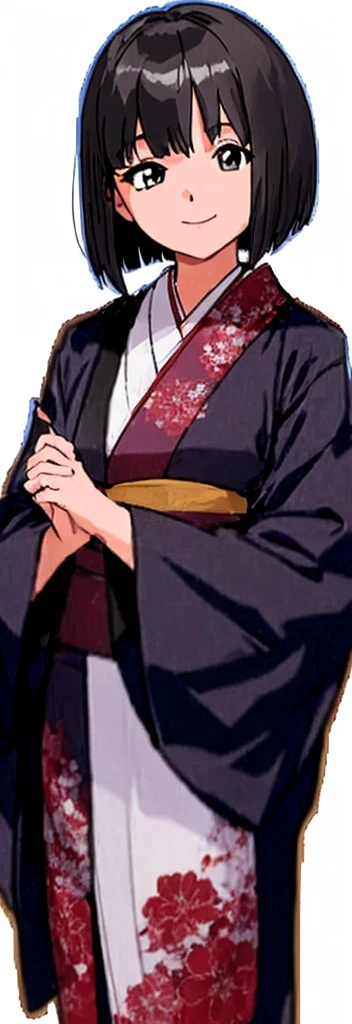 A girl with a bob haircut is standing in a kimono at a ryokan with her eyes slightly open and smiling.。