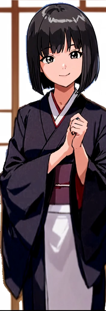 A girl with a bob haircut is standing in a kimono at a ryokan with her eyes slightly open and smiling.。