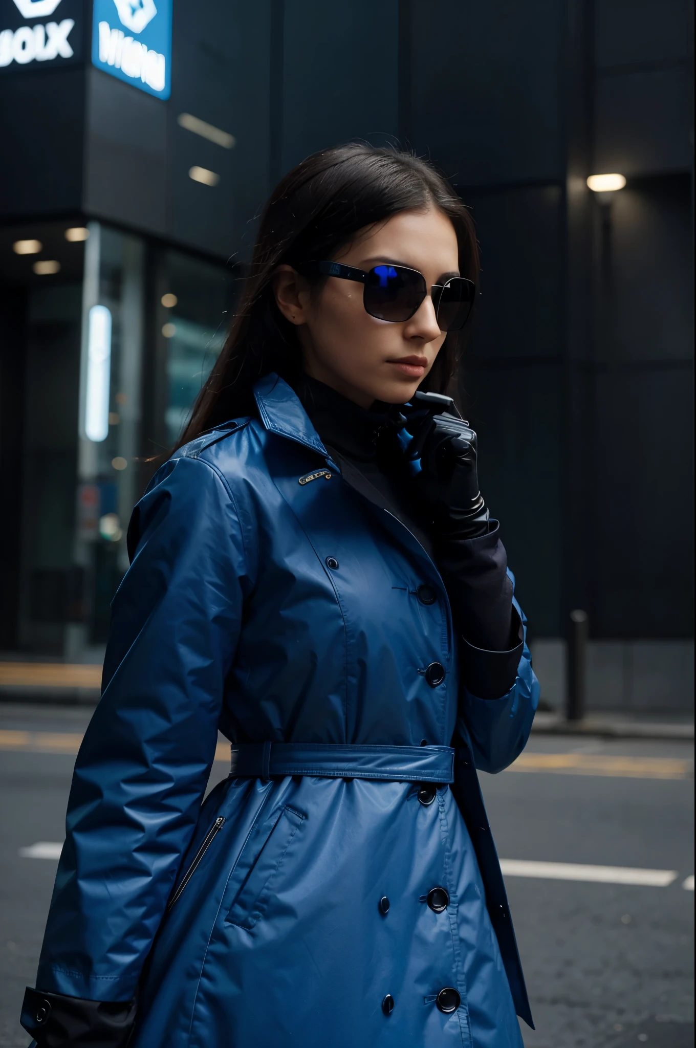 a woman in a blue coat and sunglasses standing in front of a tall building, wearing long blue gloves, long gloves profile image, profile pic, editorial photography, very very low quality picture, professional iphone photo, avatar image, photograph of a techwear woman, wearing futuristic, profile photo, ✨🕌🌙, unsplash, instagram post, low quality photo, profile picture, futuristic ar glasses