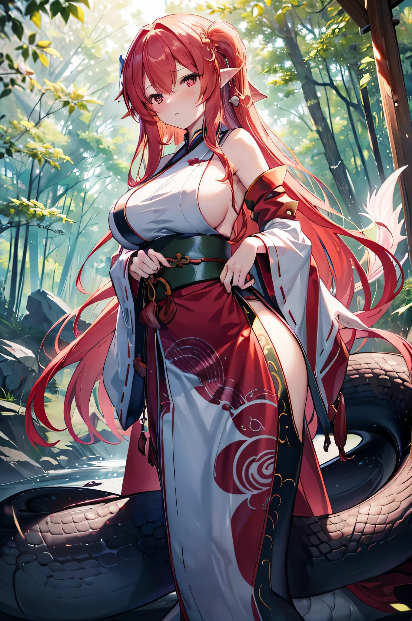 4k,High resolution,One Woman,lamia,Red Hair,long hair,Big Breasts,Shrine maiden,White Shrine maiden outfit,Detachable sleeve,Sideboob,in the forest