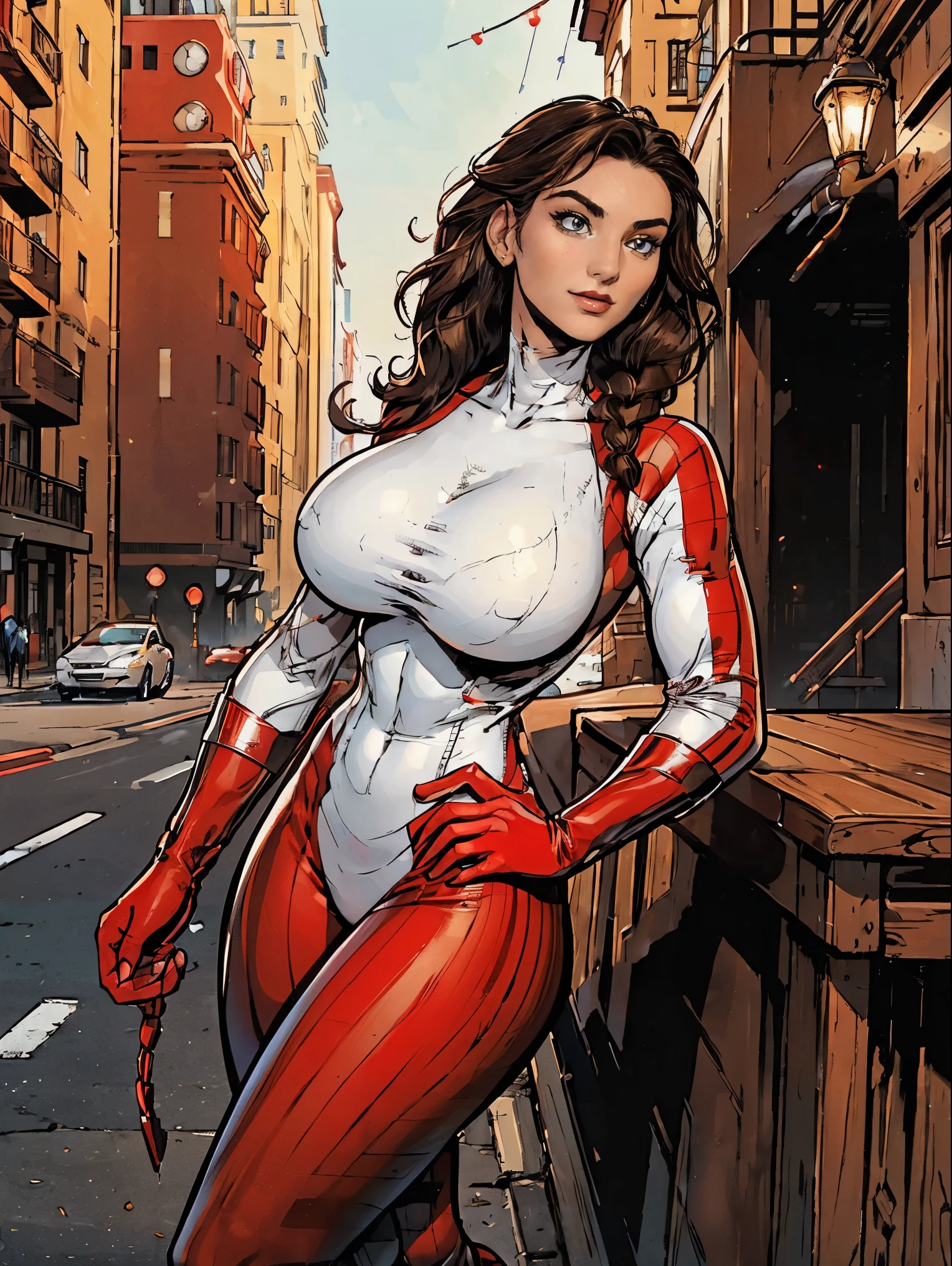 (masterpiece, top quality, best quality, official art, beautiful and aesthetic:1.2), (1girl:1.3), brown hair, braid, extremely detailed, portrait, looking at viewer, solo, (full body:0.6), detailed background, close up, mischievous eyes, (warm city superhero theme:1.1), pleasant smile, brunette, aquiline nose, green eyes, braid, ((gigantic breasts)), (thin), athletic, superhero. Wearing a sleek, satin (high-neck) (sleek white and red striped bodysuit), ((red sleeve stripes, red leg stripes)), (white sides, red center), modest, fully-covered, long red gloves, long red boots, slim waist, slim hips, long legs, modern (city street exterior:1.1) detailed background, bright optimistic lighting, shadows, magical atmosphere, dutch angle