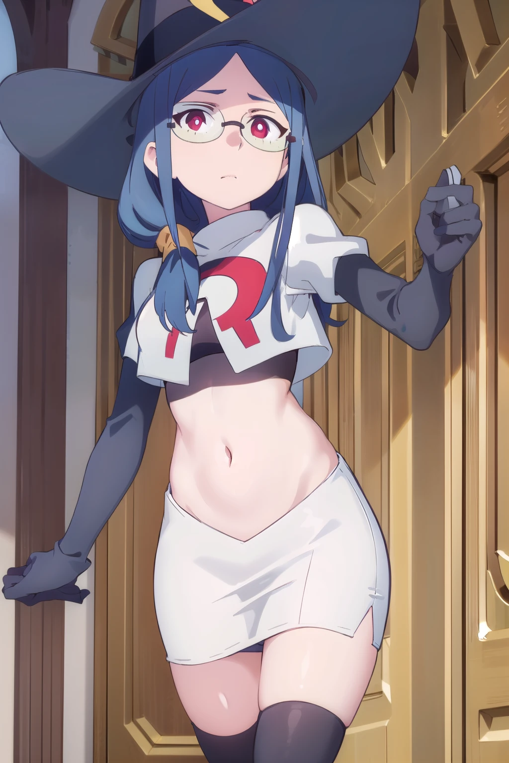 (((pixel-perfect, detail-perfect))), solo, 1girl, ursula callistis, witch, looking at viewer, glasses, team rocket,team rocket uniform,white skirt,red letter R,crop top,black thigh-highs,black elbow gloves, witch hat
